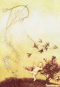 JMバリーによる「ケンジントンガーデンのピーターパン」からのケンジントンガーデンの凧揚げ、1906 作： Arthur Rackham